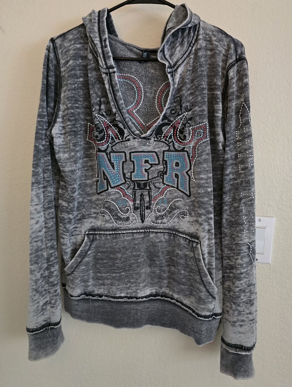 NFR Deep V Neck Grey Hooded Sweatshirt with Embellished Logo Rodeo Cowgirl  Sz L